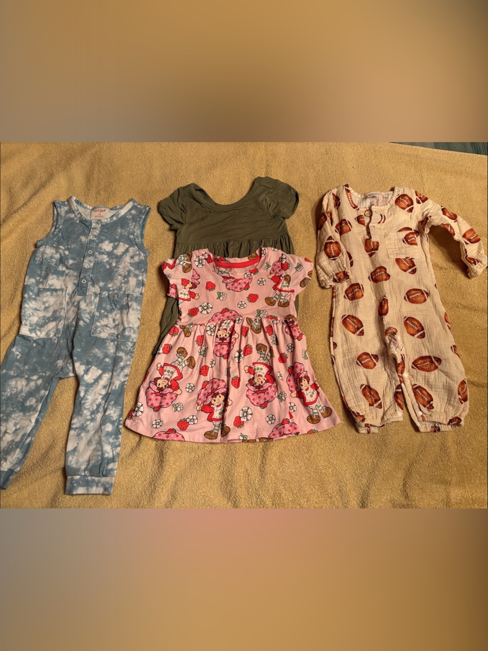 Bundle 12 month Dresses strawberry shortcake, green. Romper tye-dye and football